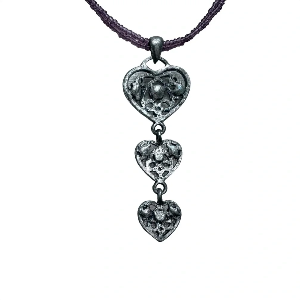 SILVER TONE 3 FILAGREE HEARTS W PURPLE CRYSTALS PENDANT ON PURPLE BEAD NECKLACE